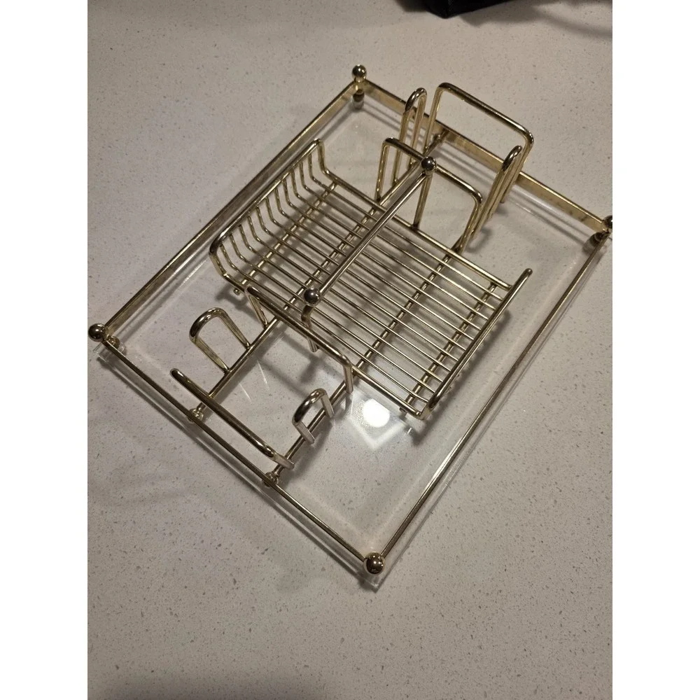 Vintage‎ MCM Gold Tone Metal & Lucite MAKE-UP Silverware Buffett Caddy Tray